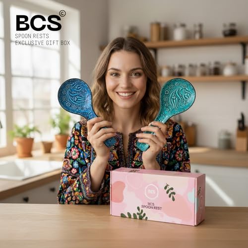 Ceramic Spoon Rest for Stove Top & Kitchen Counter, 9" Hand-Painted (2 PCS) Blue-Turquoise (Set of 2)