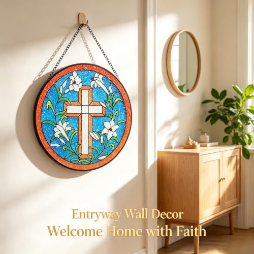 KOMI 7.8 Inch Cross Stained Glass Window Hanging Sun Catcher Garden Decor Christian Gifts for Women Mom Wife