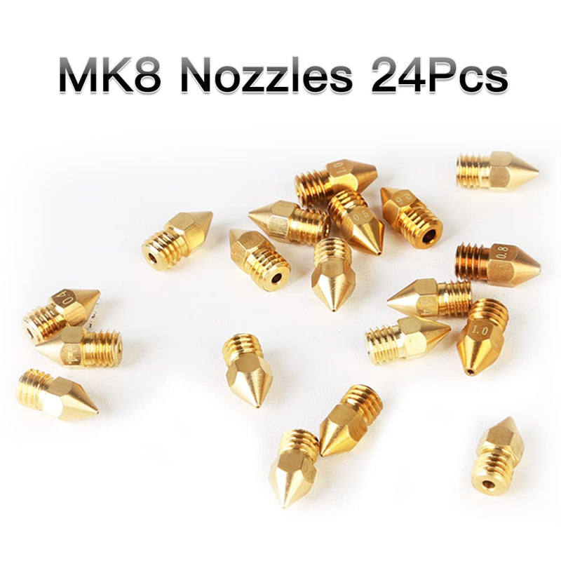 Creality MK8 Nozzles 24PCS Kit, High Quality Brass Nozzles with Wear Resistance, Wide Applicability for PLA/ABS/PETG/PEEK/PEKK/PSU, 7 Aperture Available for Ender-3/Ender-5/CR-10 Series 3D Printers