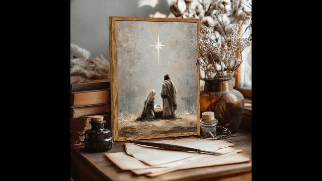 Framed Jesus Wall Art, Christian Nativity Scene Wall Decor Paintings, Star of Bethlehem Pictures Canvas Prints Religious Home Decor for Living Room Bedroom Church Prayer 16x24 inch 24"L x 16"W