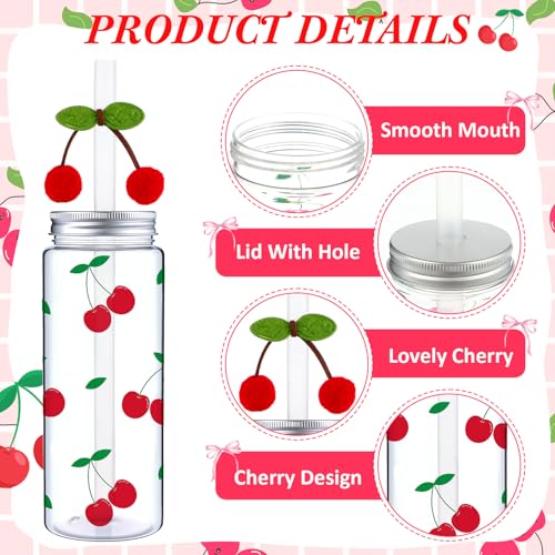 SiliFine 24 Pcs Cherry Cups with Lids Red Cherry Bows Cold Drinking Bottle