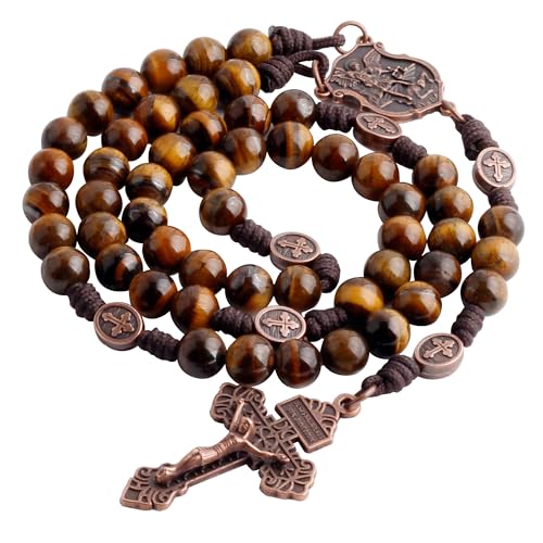 HanlinCC Stone Beads St.Michael Paracord Catholic Rosary with Bag for Men Tiger Eyes