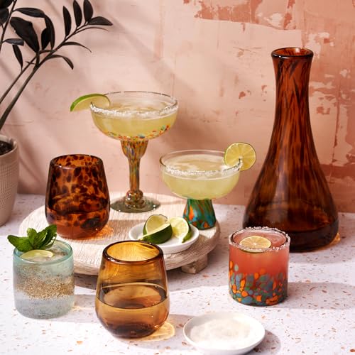 Segunda Vida Playa Bonita Hand-Blown Tumblers, Recycled Drinking Glasses, Coastal Inspired Sea Blue and Sand Design, Mexican Glassware, Decorative Drinkware for Home Bars, 10 oz, Set of 2 Modern