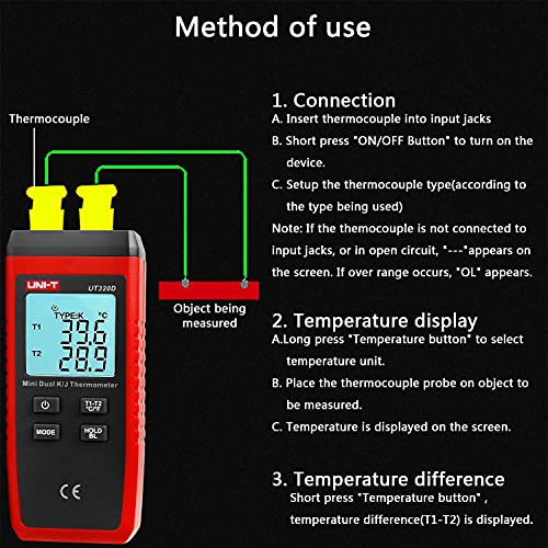 UT320D Dual Channel K/J Digital Thermometer, Thermocouple Temperature Meter Temperature Meter with 2 K-Type Measuring Probe for Industry, Agriculture, Meteorology and Life