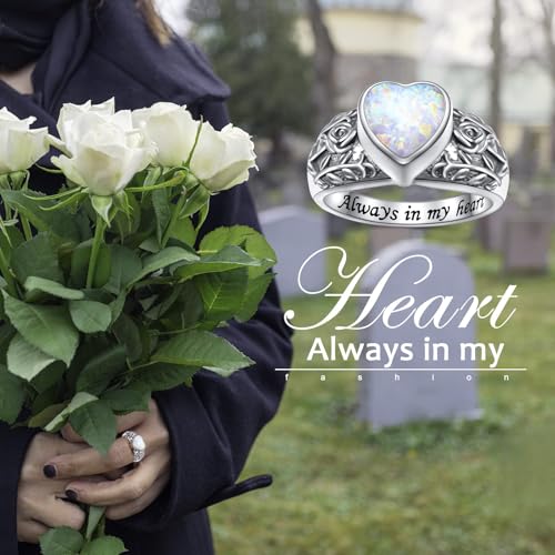 Flyow Urn Ring for Ashes 925 Sterling Silver Opal Rose Memorial Keepsake Jewelry Always in My Heart Cremation Ring for Women Men R 1/2