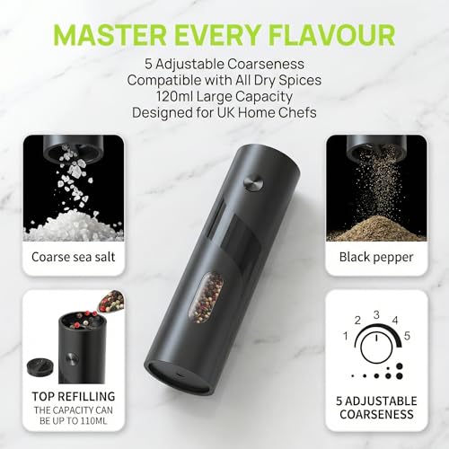 Electric Salt and Pepper Grinder Set 2 Pack, Top-Refill Battery Operated Pepper Mills with Storage Base, Adjustable Coarseness, 120ml per Grinder & White LED Light, Black