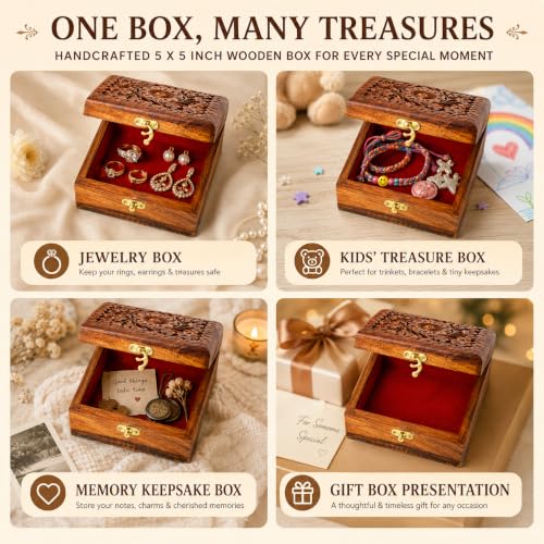 Handmade Wooden Jewelry Box Organizer Wooden Trinket Keepsake Jewellery Storage Box Multipurpose Organizer Chest Great Gift For Your Loved Ones SMALL (5" x 5")