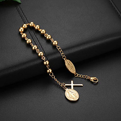 Flongo Cross Rosary Beads Bracelet, Vintage Stainless Steel Jesus Christ Crucifix Cross Bracelet for Men Women Christmas Wedding Gold