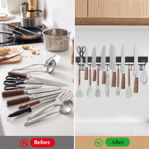 Magnetic Knife Holder for wall, 23 Inch Knife Magnetic Strip with 15 Hooks Black 23Inch