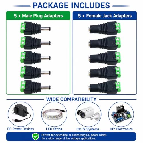 10pcs 5.5mm x 2.1mm Male and Female DC Plug Socket Power Adapter for CCTV Camera, LED Strip Lights Adapter Plug Jack Adapter Connector (5 x DC Female, 5 x DC Plug)