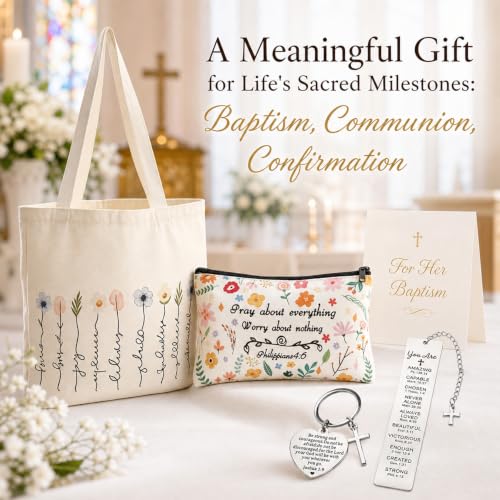 Baptism Gifts for Women - 4PCS Christian Gifts, Christian Cosmetic Bags, Flowers Bible Shoulder Bags, Bible Verse Keyring and Bookmark, Reusable Shopping Bag for Women,Religious Present for Communion