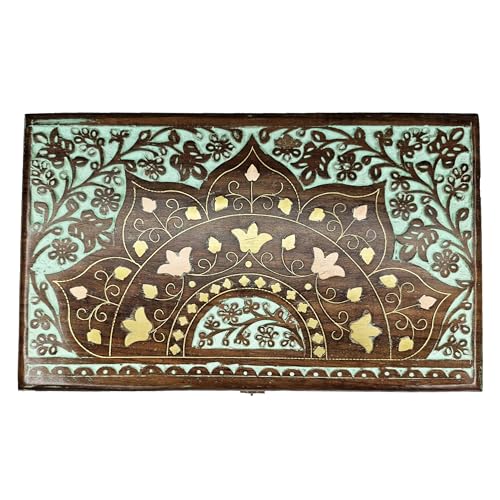 Handmade Decorative Wooden Jewelry Box, Kit, Vanity,Trinket, Organizer For, Ladies, Men, Women, Gold, Cash,Multipurpose Keepsake, Gift Item (10x6 Inches, Crown Greenish-Blue) 10x6 Inches, Crown Greenish-Blue