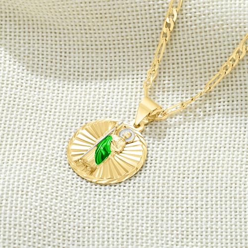 18K Gold Plated Saint Jude Medal Pendant Necklace, Religious Catholic Jewelry with Green Enamel Detail, Sunburst Design