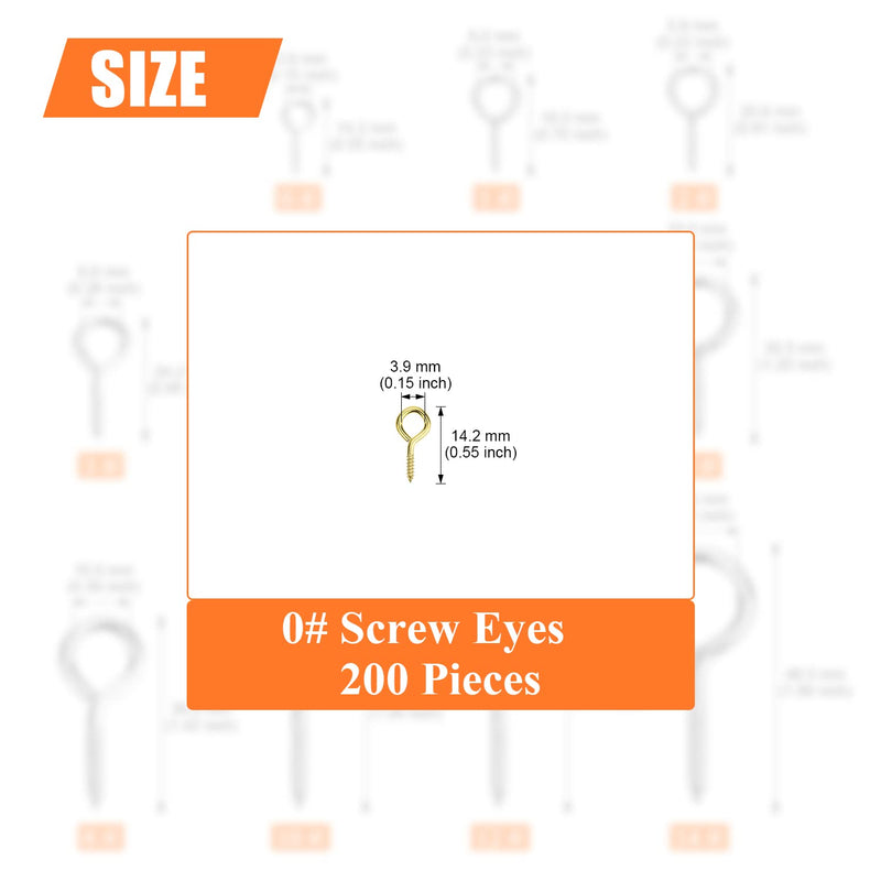 [Australia - AusPower] - 200 Pieces 0# Screw Eyes, Screw in Eye Hooks, Metal Screw Eye Pins Hooks, Brass Plated Steel Screw Eyes, Gold 0# 