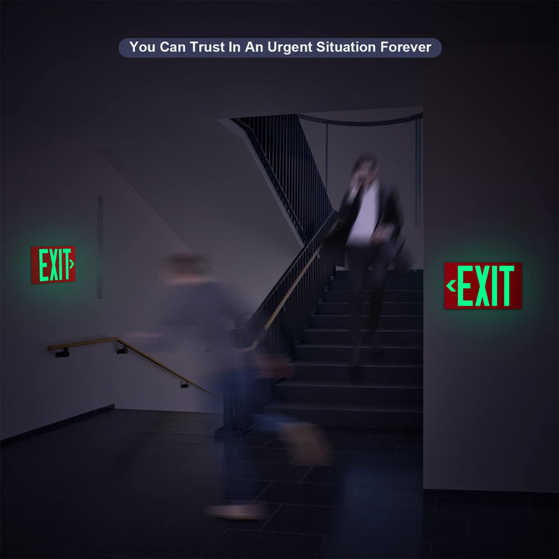 [Australia - AusPower] - Photoluminescent Exit Sign Aluminum - Adhesive Backing Glow In The Dark - Removable Arrows Included - 12x7 Inches - Non Electrical Red Exit Light For 50 Feet Visibility (2 Pack) 2 Pack 
