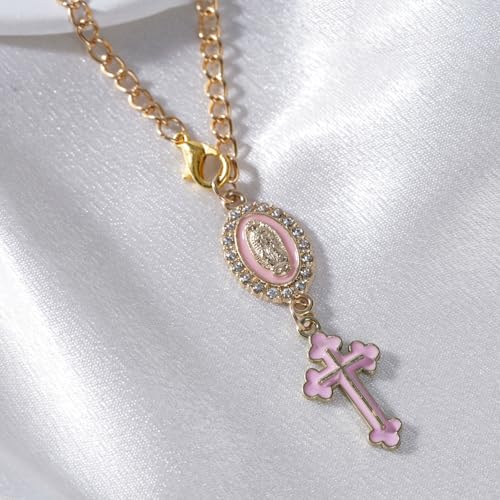 Rosary Car Charm Catholic Cross Virgin Mary Mirror Hanging Pink