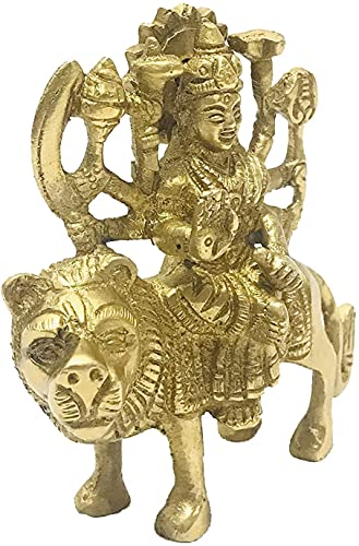 Brass Durga Statue/Idol for Home temple/mandir Devi Goddess MATA Rani Sitting on Lion God Murti for Puja Sculpture Figurine Housewarming Diwali poojan Navratri Navaratri Pooja Size- 4 inch
