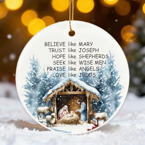 Nativity Christmas Ornament Gift for Christian Women Men, Religious Jesus Xmas Tree Hanging Ornaments 2025 with Box, Christian Ceramic Christmas Tree Hanging Decorations