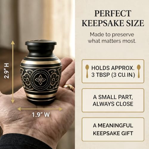 Small Urns for Human Ashes – Brass Hand-Engraved Funeral Keepsake with Elegant Black Finish – Mini Cremation Memorial for Mom, Dad & Loved Ones Small