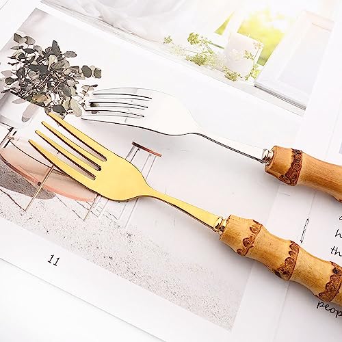 24-PIECE Silver Polish Flatware Set With Natural Bamboo Handle, Basic Chinoiserie Tableware Set For Daily Dining And Kitchen, Service for 6 24pcs Service for 6