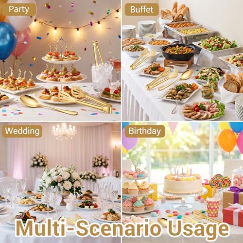 12pcs Gold Stainless Steel Serving Utensils Sets,8 Large Serving Spoons,4 Serving Tongs,Gold Serving Utensills Sets Metal Buffet Banquet Cutlery for Parties Weeding Birthday Entertaining Catering