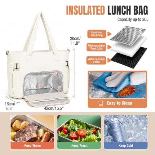 coowoz Lunch Tote Bag for Women,15.6 Inch Work Bag with Lunch Compartment Beige
