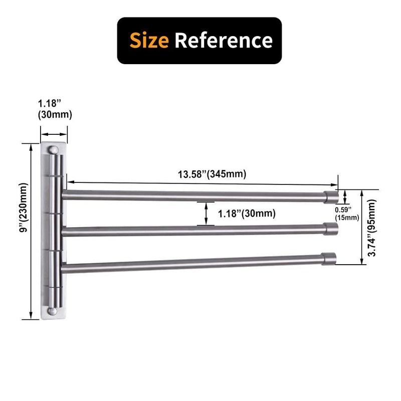 Swing Out Towel Bar Stainless Steel 3-Bar Folding Arm Swivel Hanger Bathroom Storage Organizer Rustproof Wall Mount Brushed Finish