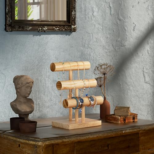 ProCase Bracelet Holder Display Bracelet Organizer, Wooden Bracelet Stand for Selling, T-bar Bangle Storage Rack Wood Watch Display Tower for Business - 3 Tier, Nature