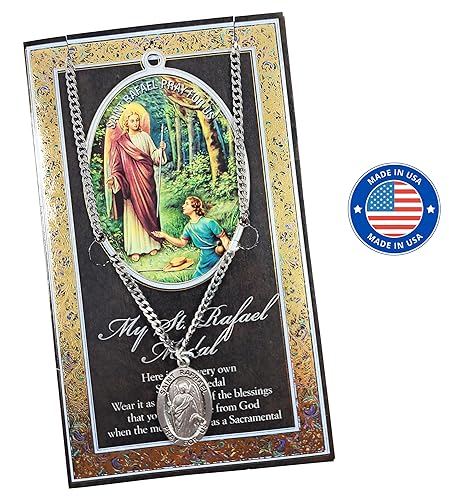 Trendzeen St Raphael Pendant Necklace With Lord's Prayer Card - Genuine Pewter Medallion - Saint Necklace for Men and Women - Patron Medal Jewelry, 2 Items Set