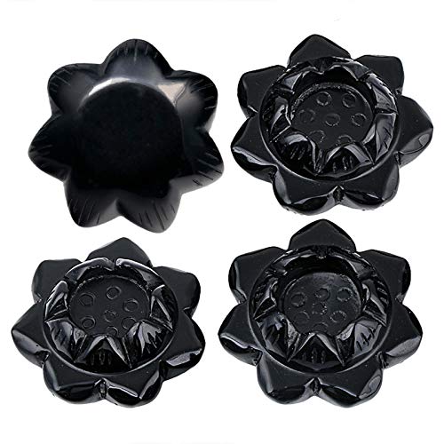 Amogeeli Black Obsidian Stone Lotus Flower Figurine for Home & Office, Hand-Carved Stone Tea Light Candle Holder, Stone Stand for Crystal Ball Black/Black Obsidian Stone