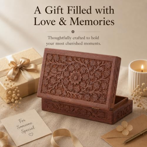 Ajuny Wooden Handcarved Decorative Jewelry Storage Box Flower Design Multipurpose Treasure Chest Keepsake Organizer Necklaces Watch Boxes Great for Gifts 10x6 Inch 10 x 6 Inch
