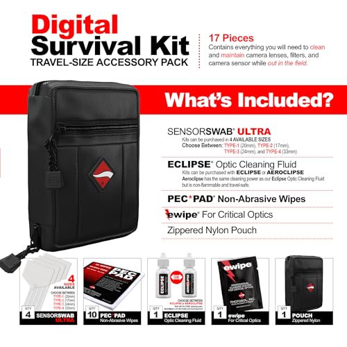 Photographic Solutions Digital Survival Kit - Type-2 (17mm) Sensor Swabs, PEC-PAD Photo Wipes, E-Wipe Packet, Eclipse Optic Cleaning Fluid - Camera Cleaning Kit with Travel Bag Type-2 (17mm)