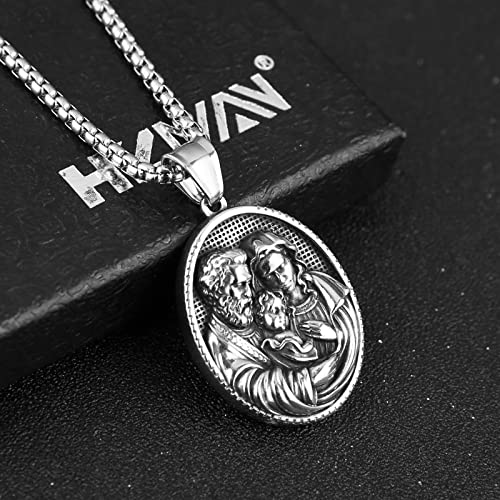 HZMAN Stainless Steel St Joseph/Mary/Jesus Necklace for Men Women Christian Medal Amulet Pendant Jewelry Gift Silver