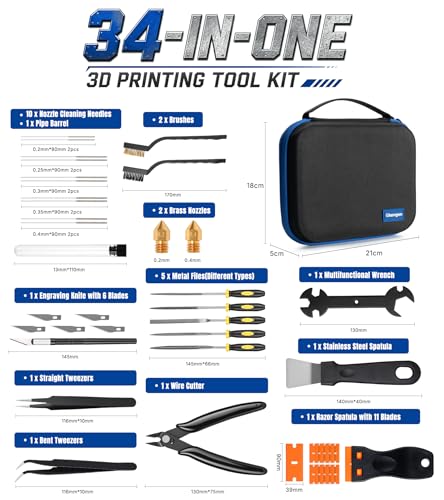 Glamgen 3D Printer Tool Kit, 34PCS 3D Printer Accessories Set with Tool Box Includes Nozzle Cleaning, Removal Scrapers, Finishing Tools, 5 Types of Files, Brushes, Wire Cutter and Engraving Knife
