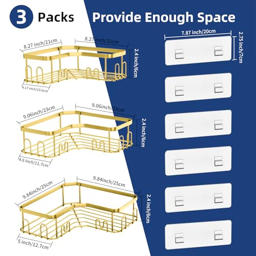 Menbyci 3 Pack Corner Shower Caddy, Adhesive Bathroom Shelves with 18 Hooks, Drill-Free & Quick-Dry Shower Organizer with Large Capacity, Rustproof Stainless Steel Bathroom Corner Storage Rack, Gold 3 packs