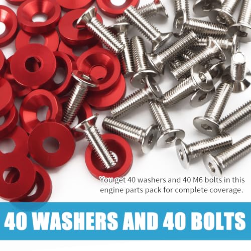 TSIEBRV red M6x20mm engine dress-up bolts and spacers, 40-piece screw and bolt assortment set