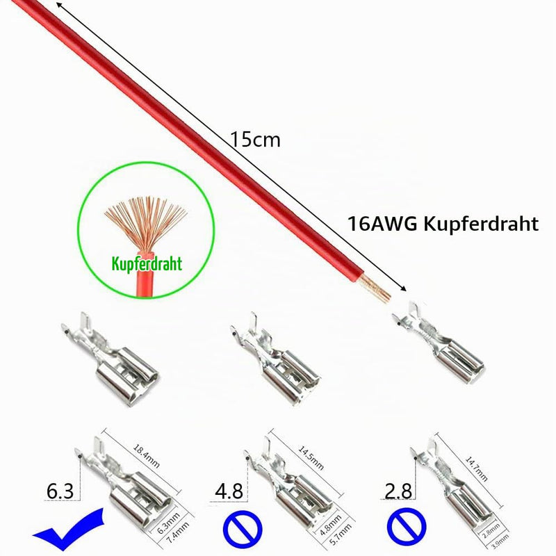 Gebildet 20-Piece 6.3 mm Spade Terminal Crimp Terminal Socket with Insulation Sleeve and 15 cm Long 16AWG Cable, Red + Black, Flat Connector Quick Splicing Assortment Kit 1/4" Female