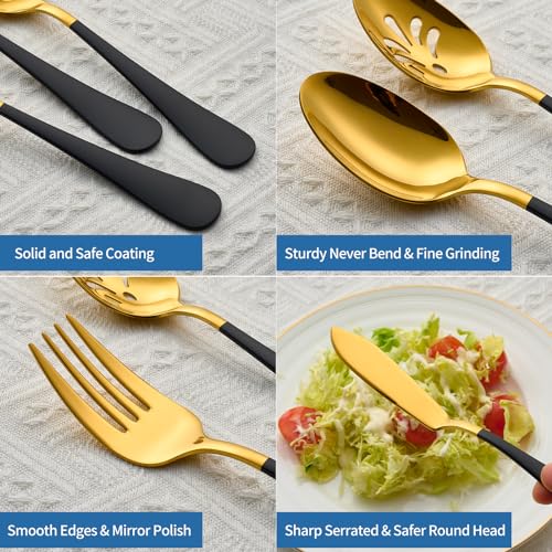 10-Piece Black & Gold Flatware Serving Set, 18/0 Stainless Steel Colorful Handle, Includes Serving Fork, Solid & Pierced Serving Spoon,Sugar Spoon,Butter Knife,Mirror Polished,Dishwasher Safe