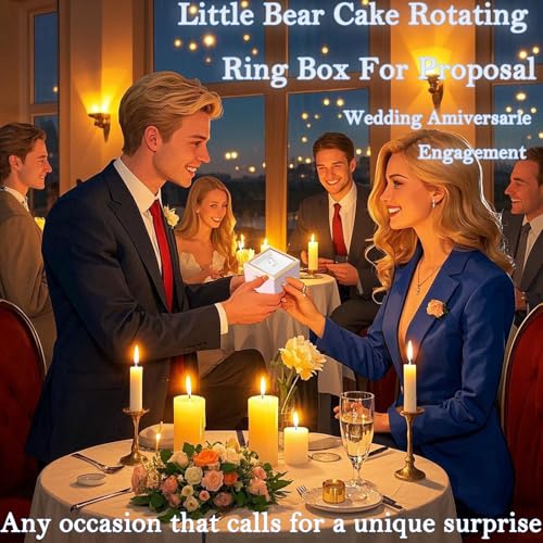 Little Bear Cake Rotating Engagement Ring Box for Proposal, Surprise Ring Necklace Box for Wedding Anniversary Birthday Mothers Day Gifts, Surprise Ring Beare Jewelry box for Women white