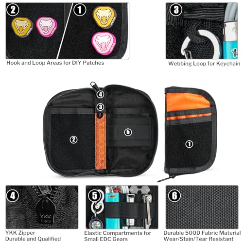 VIPERADE VE22 orange EDC pouch with 9 compartments, DIY patch areas, and compact multitool organizer design