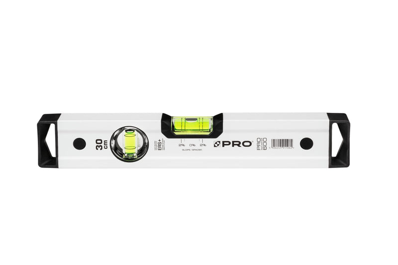 [Australia - AusPower] - PRO 600 Spirit Level 30 cm with 2% Gradient - Ergonomic Profile and ERS+ (Easy Reading System) Precise Spirit Level - Anti Shock Absorber End Caps - Colour White 30cm 