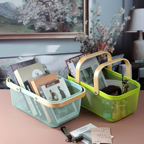 IBWell Square Metal Wire Woven Fruit Storage Bowl Basket with Wooden Handle, Large Black Mesh Fruit Stand, Multi-function Hanging Kitchen Baskets (White, Extended 4PCS) White Extende 4PCS