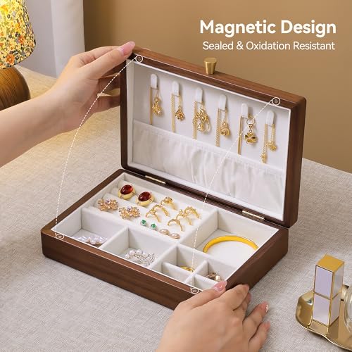 Black Walnut Wooden Jewelry Box, Velvet Lined Necklace Organizer for Women 1 Layer