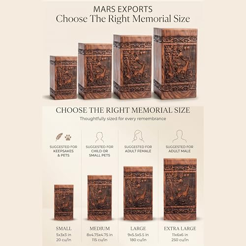 Wooden Cremation Urns Box for Human Ashes, Memorial Keepsake Boxes for Adults, Male/Female,Child, Pets Dog Cat Wood Burial Funeral Container (Deer, Medium 115 cu in) Deer