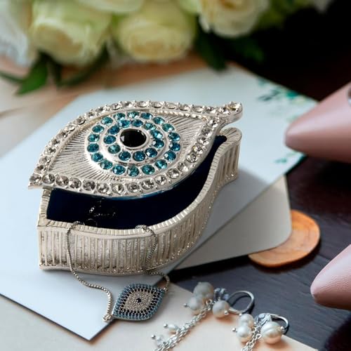 Evil Eye Jewelry Box - Handmade Gold Keepsake Box with Magnetic Closure & Crystals - Decorative Storage for Bracelets, Necklaces, Boho Home Decor Silver box - New