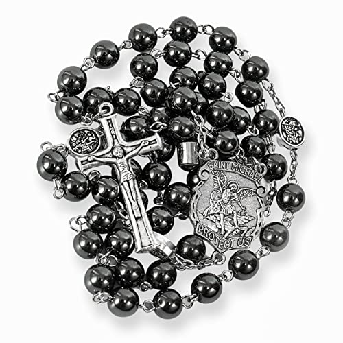 Nazareth Store Hematite Rosary Black Stone Beads Necklace Projection Our Father Prayer Medal with St. Michael Centerpiece and Crucifix 21"