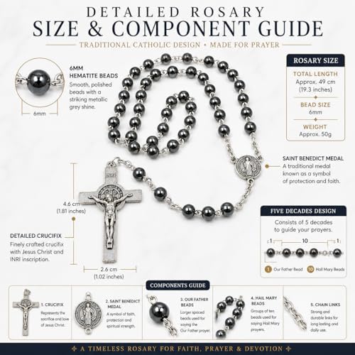 JRose Collections Hematite Gemstone Rosary Beads 6mm Catholic Prayer Necklace with Saint Benedict Medal and Crucifix, Black Polished Hematite Rosary Chain for Prayer Meditation and Devotional Use