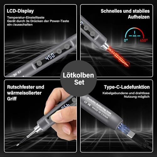 Battery Soldering Iron Set with Stand and LCD Display, Mini Soldering Iron Battery, Adjustable Temperature 180-450°C, 3 Soldering Tips, USB Soldering Station, Suitable for Repair Circuit Boards, Welding Repairs - Grey Gray