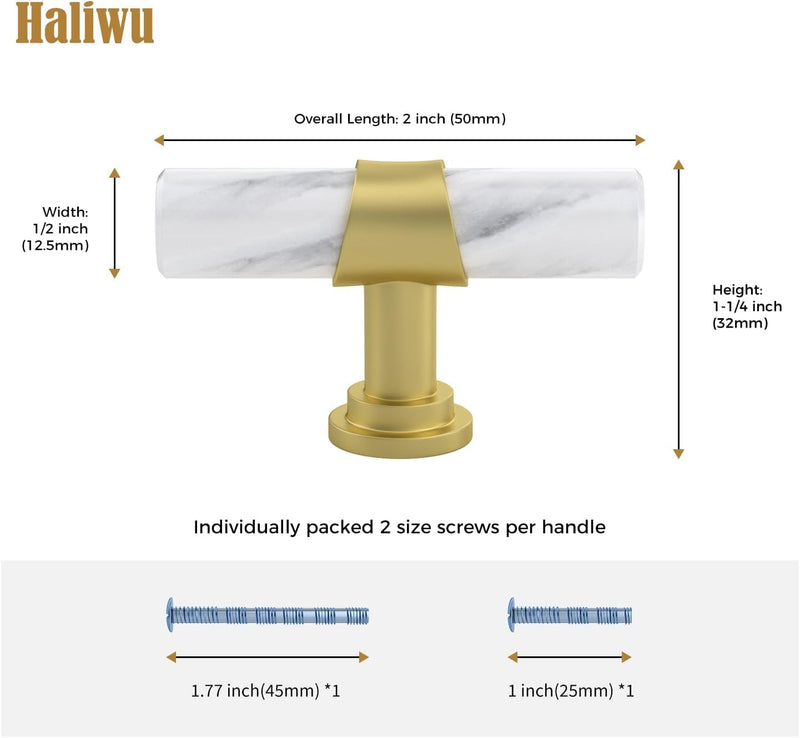 Haliwu 15 Pack Singel Hole Center Black Cabinet Pulls Black&Gold Cabinet Handles, Barrel Gold Dresser Drawer Pulls for Kitchen Hardware T-Bar Knob White Marble & Matte Gold