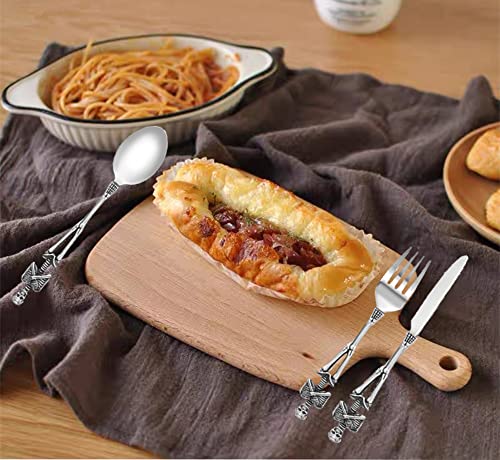 Skeleton Skull Silverware Set, LOYEH Stainless Steel Spoon Fork and Knife Flatware Tableware Design Modern Look Great Gifts For Halloween Easter and Christmas (SKULL - 3 IN ONE) Silver Skeleton Design 3 in 1